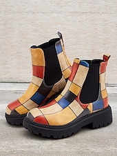 preiswerte Chelsea -Stiefel-mehrfarbige Chelsea-Stiefel im Patchwork-Stil für Damen – moderne dicke Sohle mit elastischen Seiteneinsätzen für Retro- und Casual-Styling