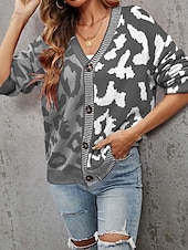 cheap Sweaters &amp; Cardigans-Women&#039;s Cardigan Fashion Daily Casual Leopard Color Block Print Open Front Knitted Long Sleeve Regular Tops Knit Formal Home Red Brown Fall Winter