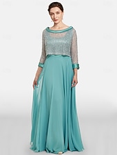 economico Set di abiti per la mamma-Abito A-Line per la Madre della Sposa Due Pezzi Matrimonio al Mare Elegante Collo Gioiello Lunghezza Tera Chiffon Pizzo Maniche 3/4 Giacca Inclusa Abiti con Colore Solido 2025 misura personalizzata