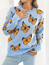 preiswerte Grafische Muster und Details-Damen Pullover Modisch Kuschelig Strassenmode Graphic Bedruckt Rundhalsausschnitt Strick Langarm Normale Oberteile Stricken Arbeit Wochenende Blau Orange Herbst Winter