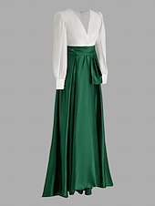 economico viola-Abito da sera A-Line elegante abito formale strascico lungo maniche lunghe scollo a V satin con plissettature e strappo per ospiti di matrimoni