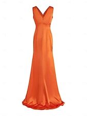 preiswerte Brautjungfernkleider-Schlauchkleid Brautjungfernkleid V Ausschnitt / Ein-Schulter Langarm Elegant Bodenlange Schleppe Spandex mit Falten / Einfarbig 2022