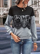 お買い得  レーストップ-女性用 チュニック エレガント 長袖 クルーネック 新年 レース グレー 春 秋 冬