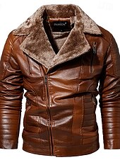 billige Lærjakker-Herre Lærjakker Fleece-jakke Biker jakke Motorsykkeljakke Daglig Feriereise Vindtett Hold Varm Lomme Høst vinter عادي Mote Klassisk Knaphul Normal Svart Rød Brun kaffe Jakker