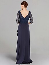 cheap Floor Length-A-Line Mother of the Bride Dress Elegant V Neck Floor Length Stretch Chiffon 3/4 Length Sleeve with Lace Pleats free custom size