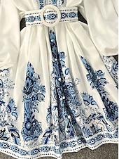 levne Boho šaty-Dámské Midi šaty Áčkové šaty Boho šaty Elegantní Denní Běžný Květinový Geleneksel Dlouhý rukáv Do V Vodní modrá Jaro Podzim Zima
