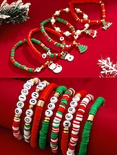 Χαμηλού Κόστους Χριστουγεννιάτικα αξεσουάρ-Χριστουγεννιάτικο σετ βραχιολιών με χάντρες γούρι – εορταστικά κόκκινα, πράσινα και λευκά στοιβαγμένα βραχιόλια με γούρια Άγιου Βασίλη, δέντρου και δώρων – ιδανικό για τη μόδα και τα δώρα των γιορτών