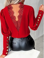 preiswerte Damen Arbeitsoberteile-Damen Hemd Bluse Feste Farbe Elegant damas Stilvoll Langarm Stehkragen Arbeit Spitze Knopf Schwarz Weiß Rote Blau Frühling Herbst Winter