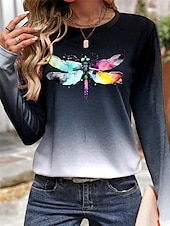 billiga Djur tee-Dam T-shirt Trollslända Ledigt Långärmad Rund hals Vanliga toppar Dagligen Helgen Mönster Marinblå Höst Vinter