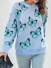 preiswerte Grafische Muster und Details-Damen Pullover Modisch Kuschelig Strassenmode Graphic Bedruckt Rundhalsausschnitt Strick Langarm Normale Oberteile Stricken Arbeit Wochenende Blau Orange Herbst Winter