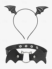 levne Halloweenské doplňky-Sada čelenky s netopýřím křídlem a gotického koženého chokeru – kostýmní doplňky s halloweenskou tématikou pro ženy, ideální pro cosplay a party outfity