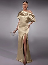levne šampaň-Šaty Střihu Večerní Šaty Elegantní Šaty Formální Dlouhá Délka Bez Rukávů Off Shoulder Satén s Rozparkem