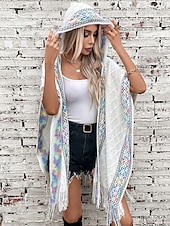 economico Coprispalle e mantelle-Per donna A mantellina Di tendenza Giornaliero Informale Pop art Con cappuccio Nappa Senza maniche Maglie lunghe Maglia Formale Esterno Fine settimana Nero Bianco Autunno Inverno