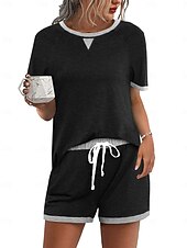 preiswerte Trainingsanzug für Damen-Damen Shorts-Sets Jogginghose Trainingshose Langarm Feste Farbe Schwarz Sommer Lockere Passform