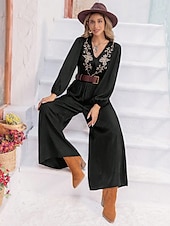 preiswerte Overall-Damen Normal Jumpsuit Boho Feste Farbe Langarm Laternenärmel Gerade V Ausschnitt Stickerei Täglich Ausgehen Lockere Passform Schwarz Ganzjährig