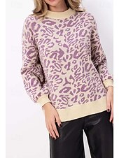 olcso Grafikus minták és részletek-Női Pulóver Divat Utcai sikk Napi Állat Nyomtatott Terített nyak Crewneck Hosszú ujj Hosszú felsők Kötött Munka Bíbor Khakizöld Ősz Tél