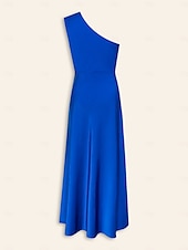 baratos vestido de festa-vestido longo azul cetim sem mangas com babados e um ombro só