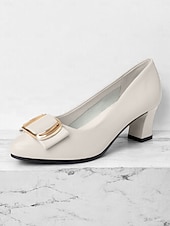 cheap Block Heels-Women&#039;s Beige Low Block Heel Pumps with Gold Buckle and Flexible Sole – Comfortable Slip-On Shoes for Office and Formal Wear