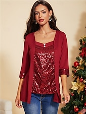 preiswerte Elegante Oberteile-Damen Tunika Bluse einfarbig Alltag Casual Langarm V-Ausschnitt rot Frühling Herbst