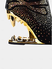 abordables Bottines-bottines noires à tête de mort pour femmes avec ornements en strass et talons découpés dorés – talons audacieux pour la mode gothique et les fêtes