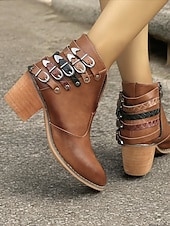 levne Cowboy &amp; Western Boots-dámské hnědé kotníkové boty s vícepřezkovým detailem, blokovým podpatkem a westernovým stylem - ideální pro běžné výlety a každodenní nošení