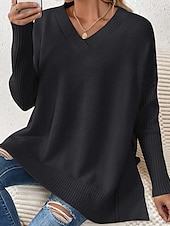 abordables Couleurs unies-Femme Pull Chandail Elégant Mode du quotidien Couleur unie Col V Tricoté manche longue Hauts longs Tricoter Travail Noir Jaune Automne Hiver