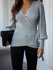 economico Cardigan e capispalla-Per donna Felpa Elegante Di tendenza Giornaliero Tinta unica A coste A V Lavorato a maglia Manica a lanterna Manica lunga Top regolari Maglia Ufficio Nero Beige Autunno Inverno