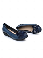cheap Women&#039;s Flats-Women&#039;s Leather Wedge Flats with Decorative Bow and Embellished Toe – Comfortable Casual Slip-On Shoes for Everyday Wear