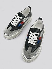 cheap Women&#039;s Sneakers-Women&#039;s Glitter-Accented Black Lace-Up Sneakers – Rhinestone Embellished, Colorful Casual Athletic Shoes for Fashionable Everyday Wear