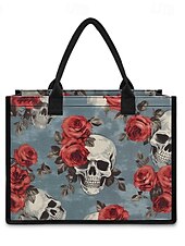 abordables Cabas et fourre-tout-sac fourre-tout imprimé tête de mort et rose – grand sac à main gothique pour femme, design floral vintage, parfait pour Halloween ou pour un usage quotidien