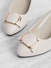 cheap Block Heels-Women&#039;s Beige Low Block Heel Pumps with Gold Buckle and Flexible Sole – Comfortable Slip-On Shoes for Office and Formal Wear