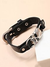 cheap Men&#039;s Jewelry-Men&#039;s Black Leather Bracelet with Silver Skull Charm – Gothic Punk Adjustable Wristband for Halloween and Biker Style