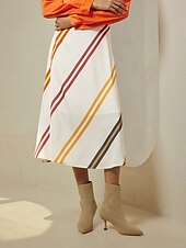 abordables jupe femme-jupe midi décontractée à rayures multicolores en satin