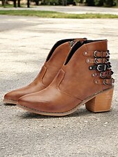 levne Cowboy &amp; Western Boots-dámské hnědé kotníkové boty s vícepřezkovým detailem, blokovým podpatkem a westernovým stylem - ideální pro běžné výlety a každodenní nošení