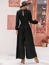 preiswerte Overall-Damen Normal Jumpsuit Boho Feste Farbe Langarm Laternenärmel Gerade V Ausschnitt Stickerei Täglich Ausgehen Lockere Passform Schwarz Ganzjährig