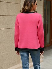 preiswerte Strickjacken und Oberbekleidung-Damen Strickjacke Modisch Täglich Farbblock V Ausschnitt Strick Langarm Normale Oberteile Stricken Arbeit Weiß / Schwarz Intensives Rosa Herbst Winter