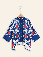 お買い得  シャツ、トップス、ブラウス-サテンボタンダウンバケーションアーティスティック/レトロプリントスタンドカラーシャツ
