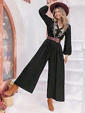 preiswerte Overall-Damen Normal Jumpsuit Boho Feste Farbe Langarm Laternenärmel Gerade V Ausschnitt Stickerei Täglich Ausgehen Lockere Passform Schwarz Ganzjährig