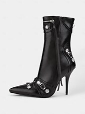 abordables Botas de moda-Botas de moto con tacón de aguja de piel sintética negra para mujer con hebillas y detalles de cremallera: tacones de media pantorrilla con punta puntiaguda sexys para fiestas y salidas nocturnas