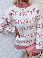 Women's Knitted Snowflake Sweater High Neck Long Sleeve Ribbed Texture White Light Blue Winter Festive Holiday Regular Fit Clothing Apparel 9