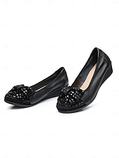 cheap Women&#039;s Flats-Women&#039;s Leather Wedge Flats with Decorative Bow and Embellished Toe – Comfortable Casual Slip-On Shoes for Everyday Wear