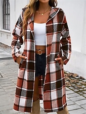 billige Trench Coats-Dame Hettegenser utendørs Gate Dagligdagstøy Høst Vinter Lang Frakk Normal Hold Varm Pustende Stilfull Fritid Jakker Langermet Striper og rutete Med lommer Trykt mønster Svart Brun Grønn
