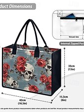 abordables Cabas et fourre-tout-sac fourre-tout imprimé tête de mort et rose – grand sac à main gothique pour femme, design floral vintage, parfait pour Halloween ou pour un usage quotidien