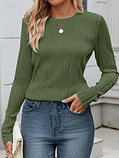 お買い得  女性用作業トップ-女性用 シャツ 純色 スタイリッシュ 近代の カジュアル 長袖 クルーネック レギュラートップス ワーク ブラック ホワイト ピンク グリーン 秋 冬