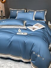 baratos Coleção de elite-Conjunto de cama com capa de edredom de 4 peças, 100% algodão orgânico, tecido macio e respirável, inclui capa de edredom e fronhas para um sono confortável