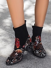 abordables Botines-Botines de mujer con bordados florales y tacón ancho acolchado, estilo vintage, calzado de fiesta y casual de moda