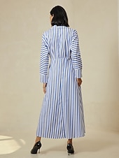 cheap Casual Dress-Cotton Stripe Button Up Maxi Shirt Dress