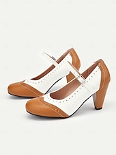 levne 50. léta 20. století-dámské vintage dvoubarevné podpatky mary jane s brogue detaily – retro boty s blokovým podpatkem na večírky a formální příležitosti