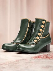 cheap 1930s-Victorian Vintage Green Leather Ankle Boots for Women – Retro Button Design with Scalloped Trim, Perfect for Fall Fashion