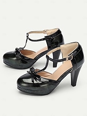 abordables Années 1950-Escarpins rétro à talons hauts et brides en T pour femmes avec nœud et boucle – chaussures de style vintage classiques pour mariages, fêtes et événements officiels